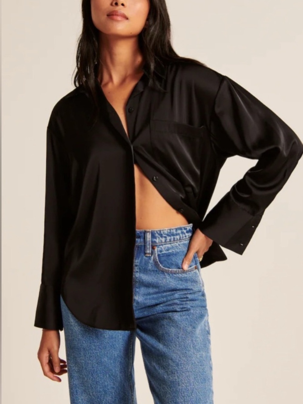 Abercrombie & Fitch Black Satin Button-Down Shirt